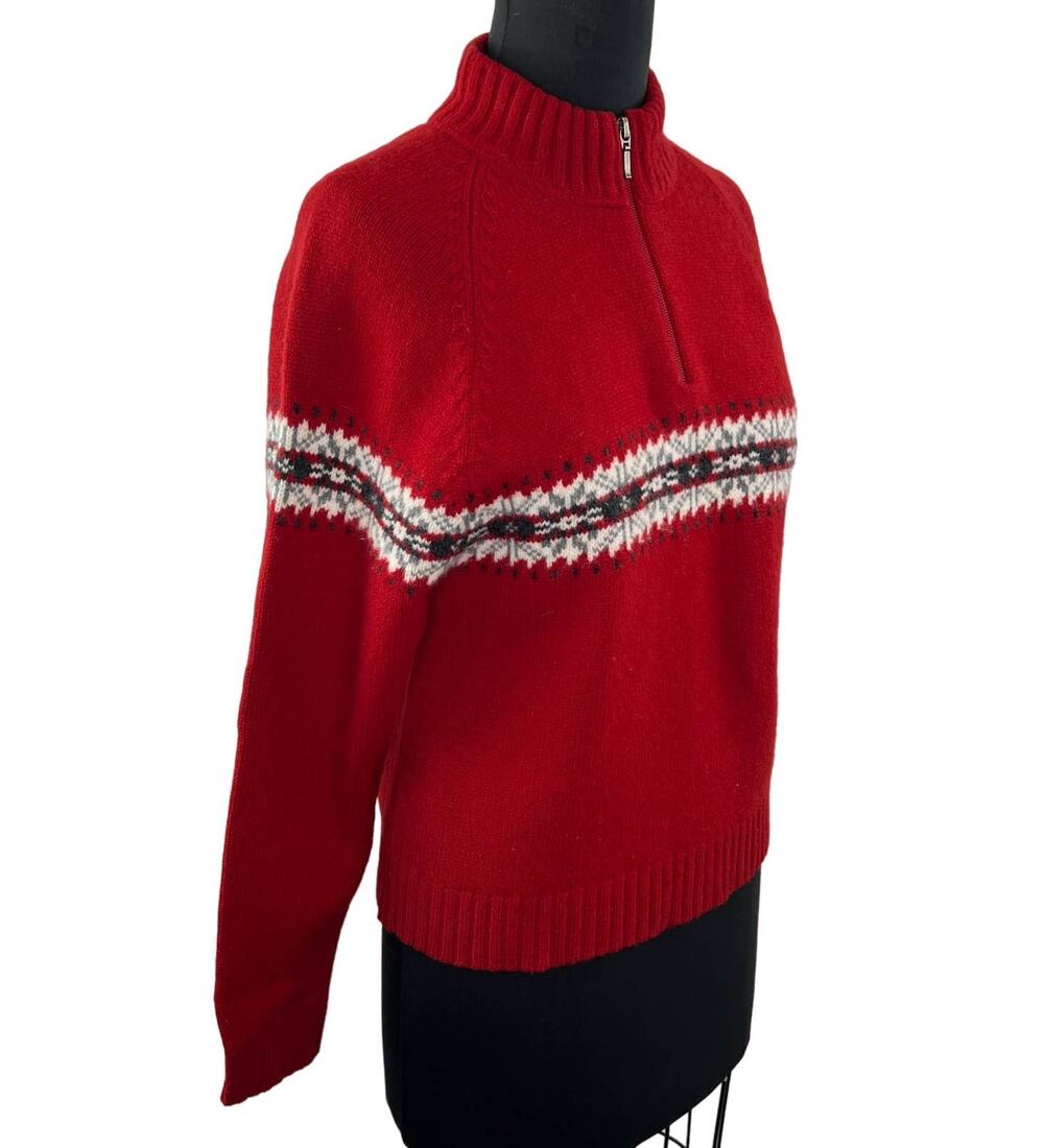 WOOLRICH Red Lambswool Quarter Zip Mock Neck Pullover Sweater Nordic Fair Isle M